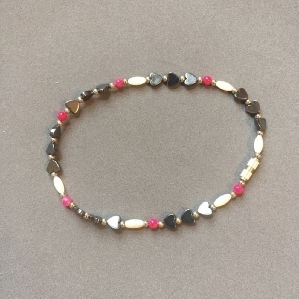Vintage 90s Hematite Hearts Beaded Anklet With Pink & White Beads